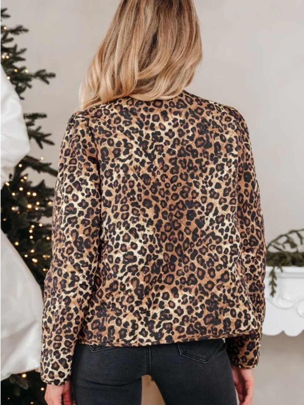 NEW Boutique Quilted Leopard Print Tie-Front Jacket Medium Brown Tan Trendy Bows - Picture 5 of 8